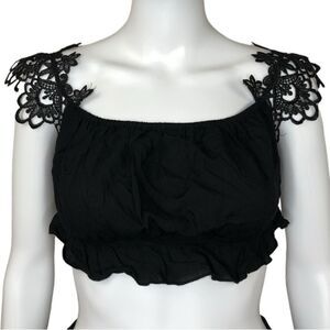 TOBI NWT Women’s Black Off The Shoulder Lace Strap Ruffle Crop Top Size S